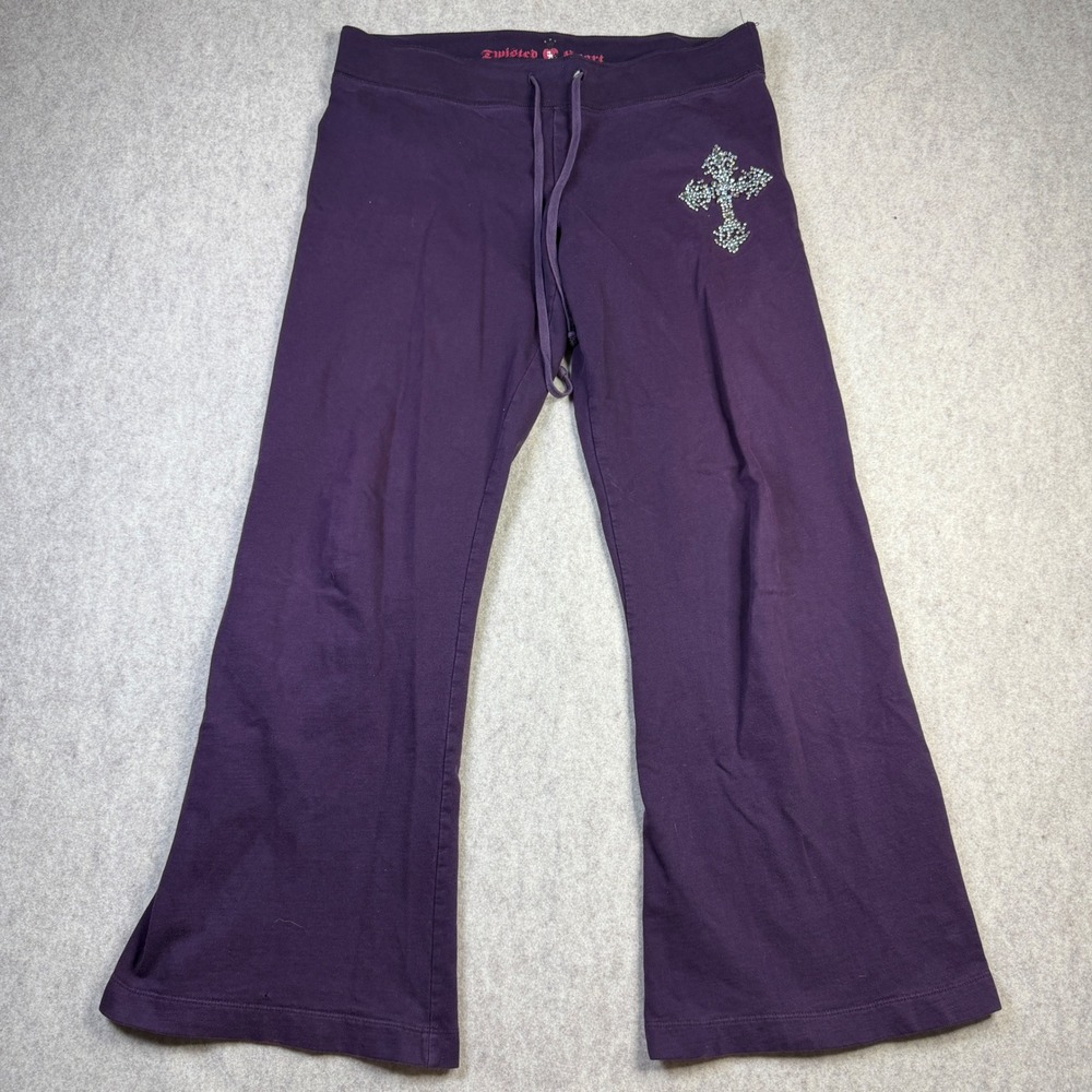 Twisted Heart Purple Flare Sweatpants Rhinestone Cross Y2K Wide Leg Lounge Pants